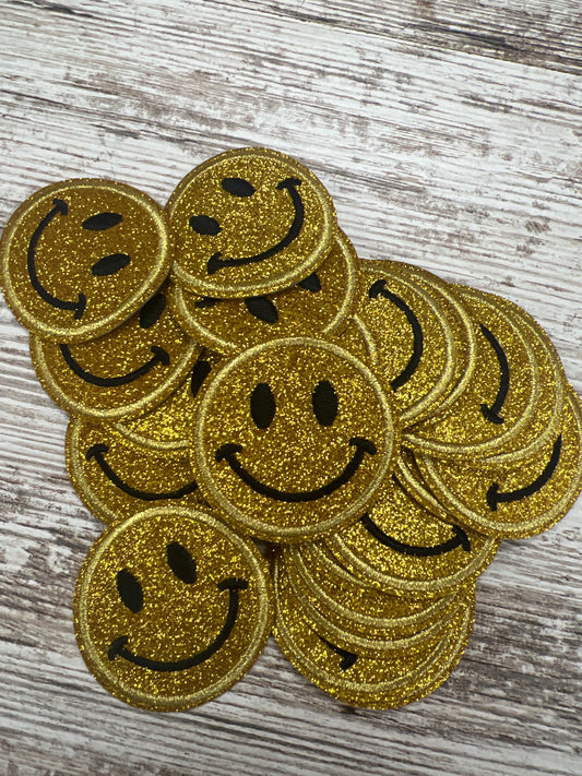 Yellow Gold No Shed Glitter Happy Face  - Iron On Patch