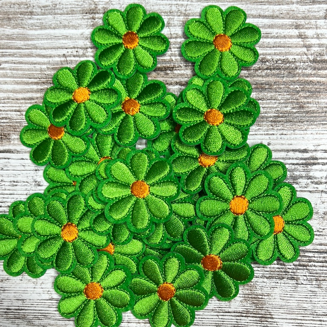 Small Lime Green Flower Orange Center - Iron on Patch