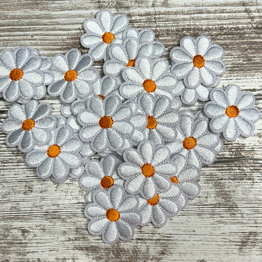 Small White Flower Orange Center - Iron on Patch