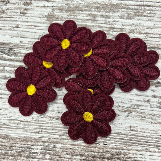 Small Maroon Flower Yellow Center  - Iron on Patch