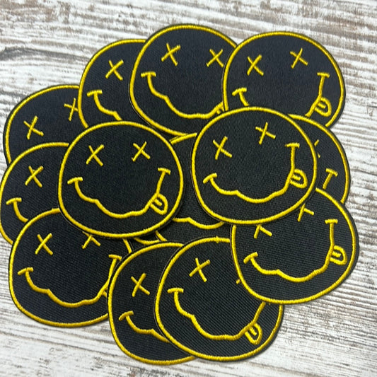 Black and Yellow Silly Face - Iron On Patch