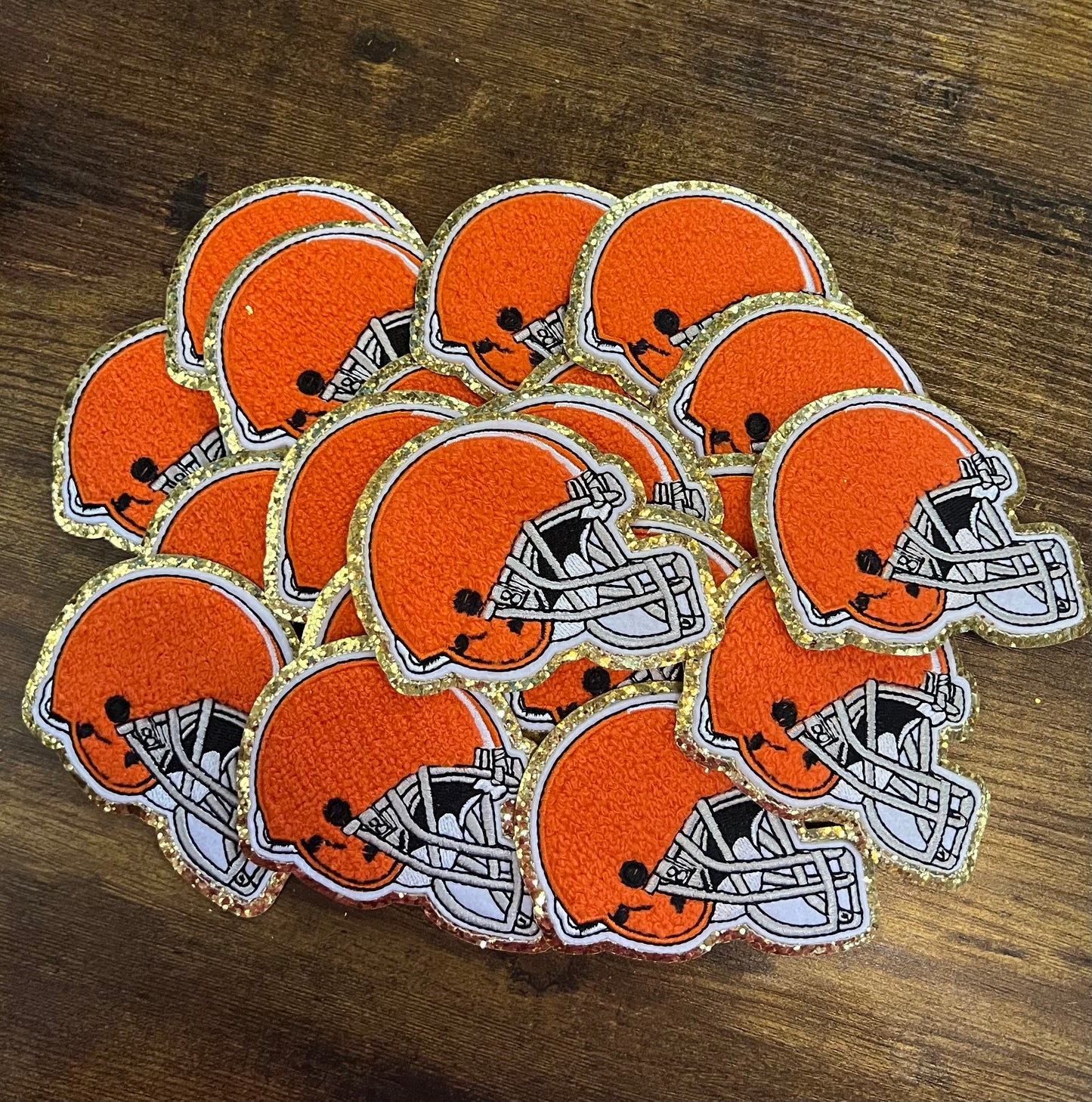 Orange w/ Gold Outline Football Helmet  - Iron On Patch