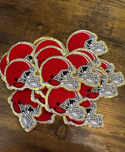 Red w/ Gold Outline Football Helmet  - Iron On Patch