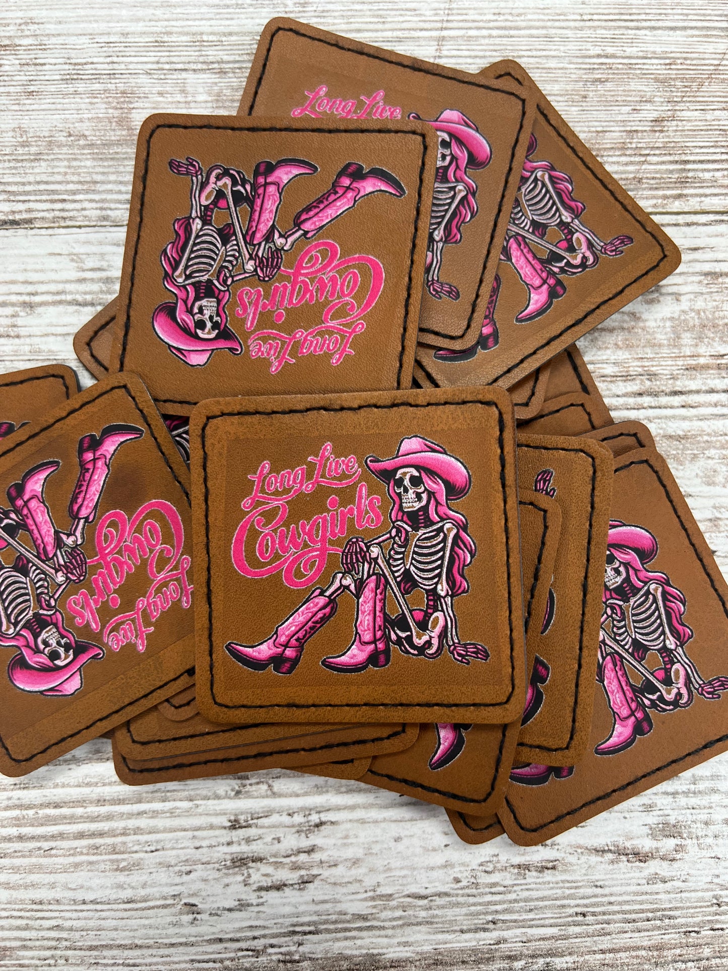 Pink Skully Cowgirl Long Live Cowgirls Leather Square - Iron On Patch