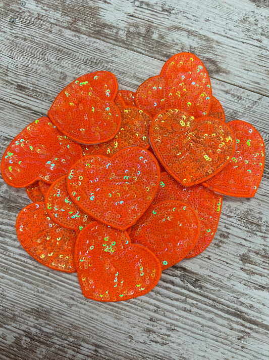 Neon Orange Sequin Heart - Iron on Patch