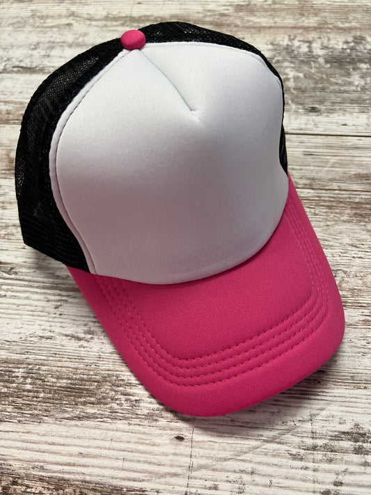 White Front Hot Pink with Black Mesh - Mid Height Trucker Hat