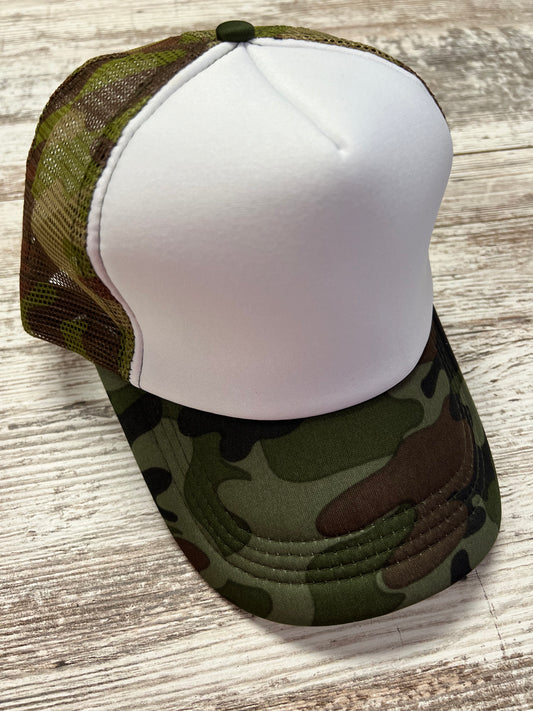 Camo with White Front - Mid Height Trucker Hat