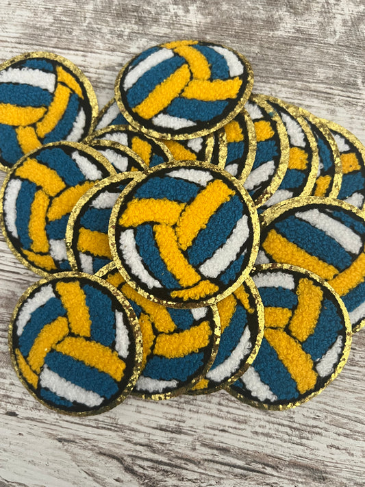 Yellow and Blue Gold Trimmed Chenille Volleyball Iron On Patch