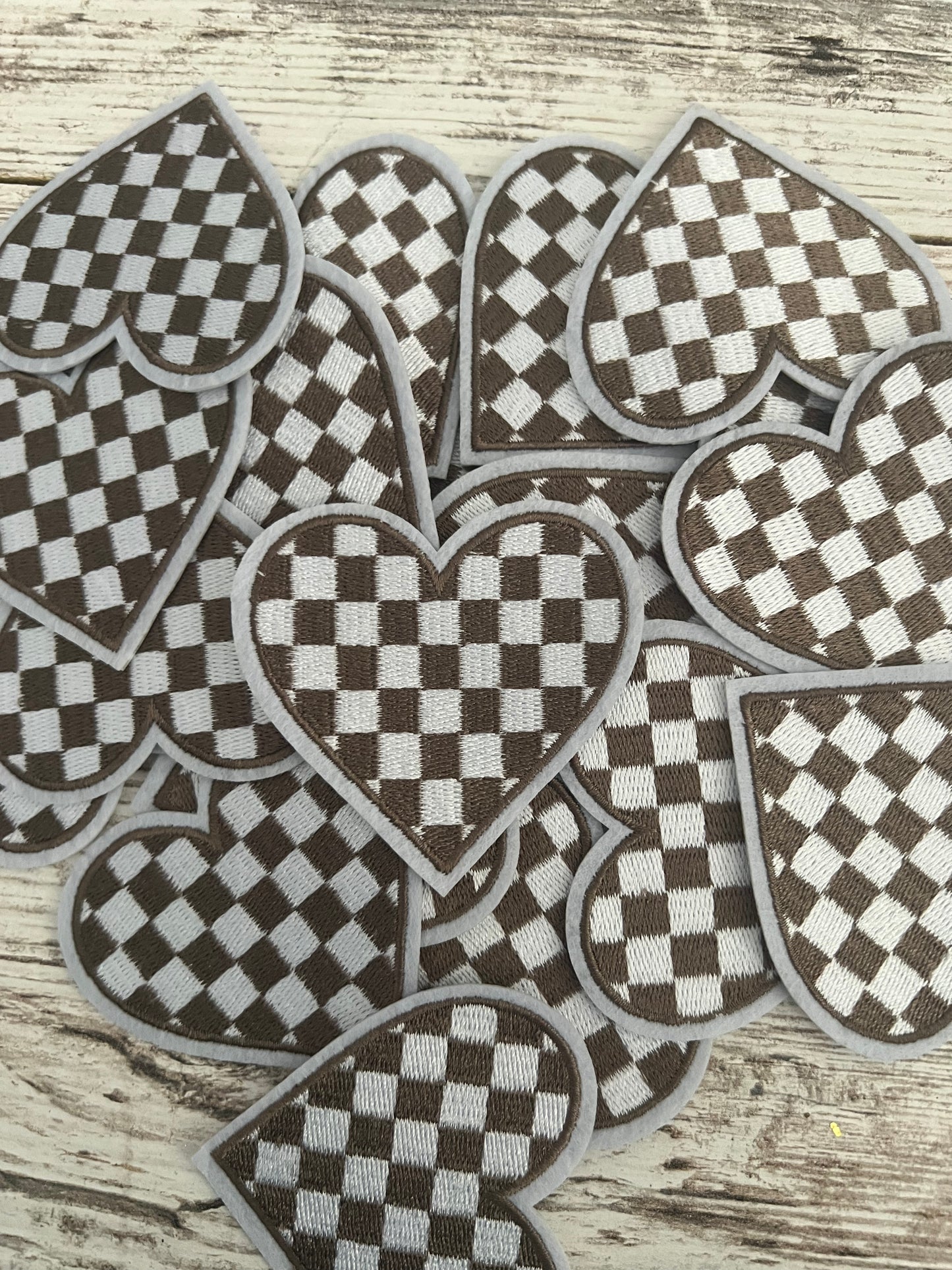 Taupe Checker Heart (Large) Iron On Patch