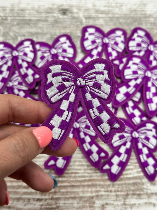 Purple & White Checkered Bow - Iron On Patch