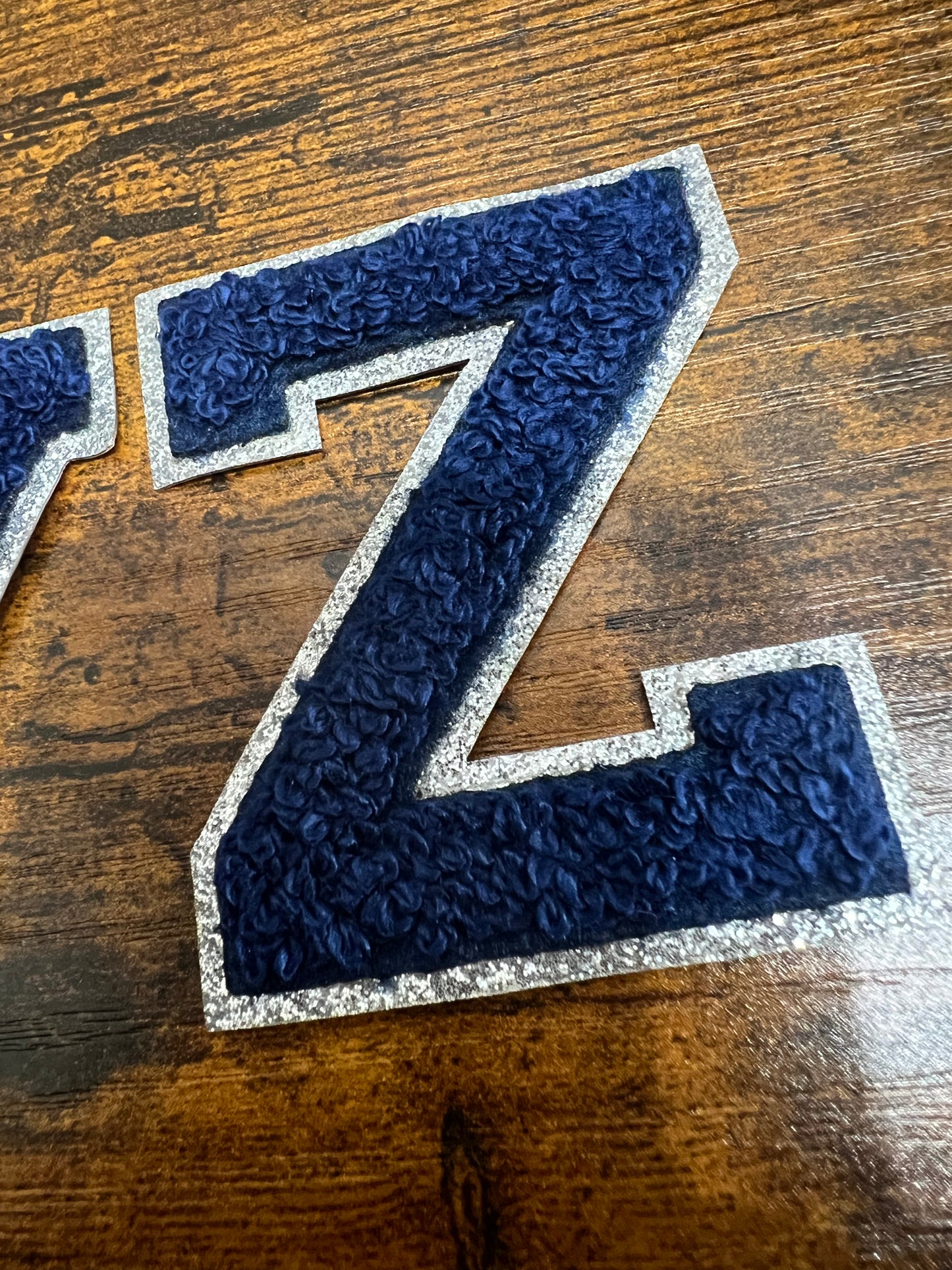 Silver Outline Navy Letters - Iron On Patch