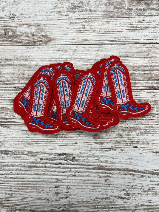 Red w/ Blue Cowgirl Boot Iron On Patch