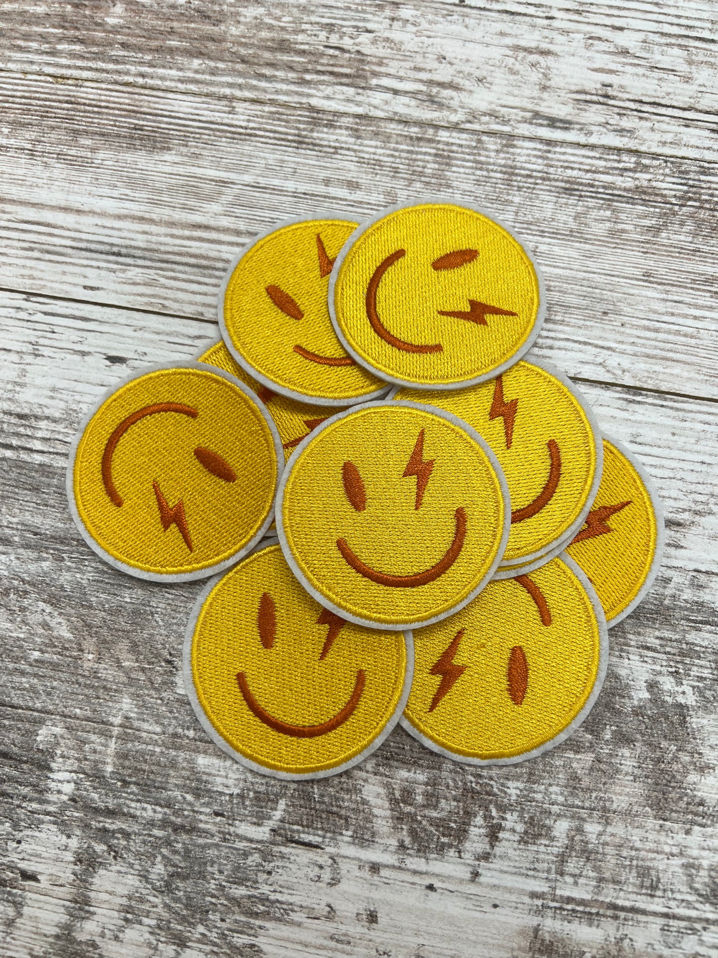 Smile Yellow Lightening Bolt Face - Iron On Patch