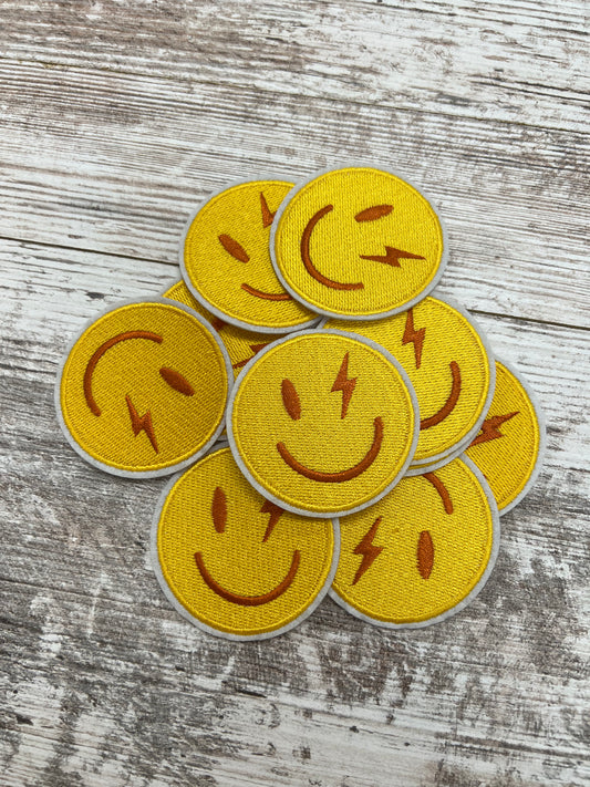 Smile Yellow Lightening Bolt Face - Iron On Patch