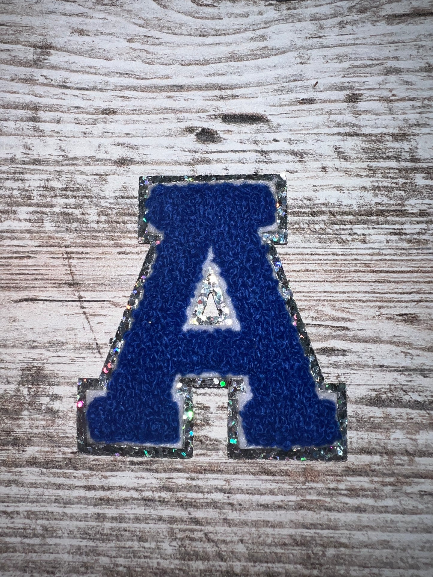 Silver Outline Blue Letters - Iron On Patch