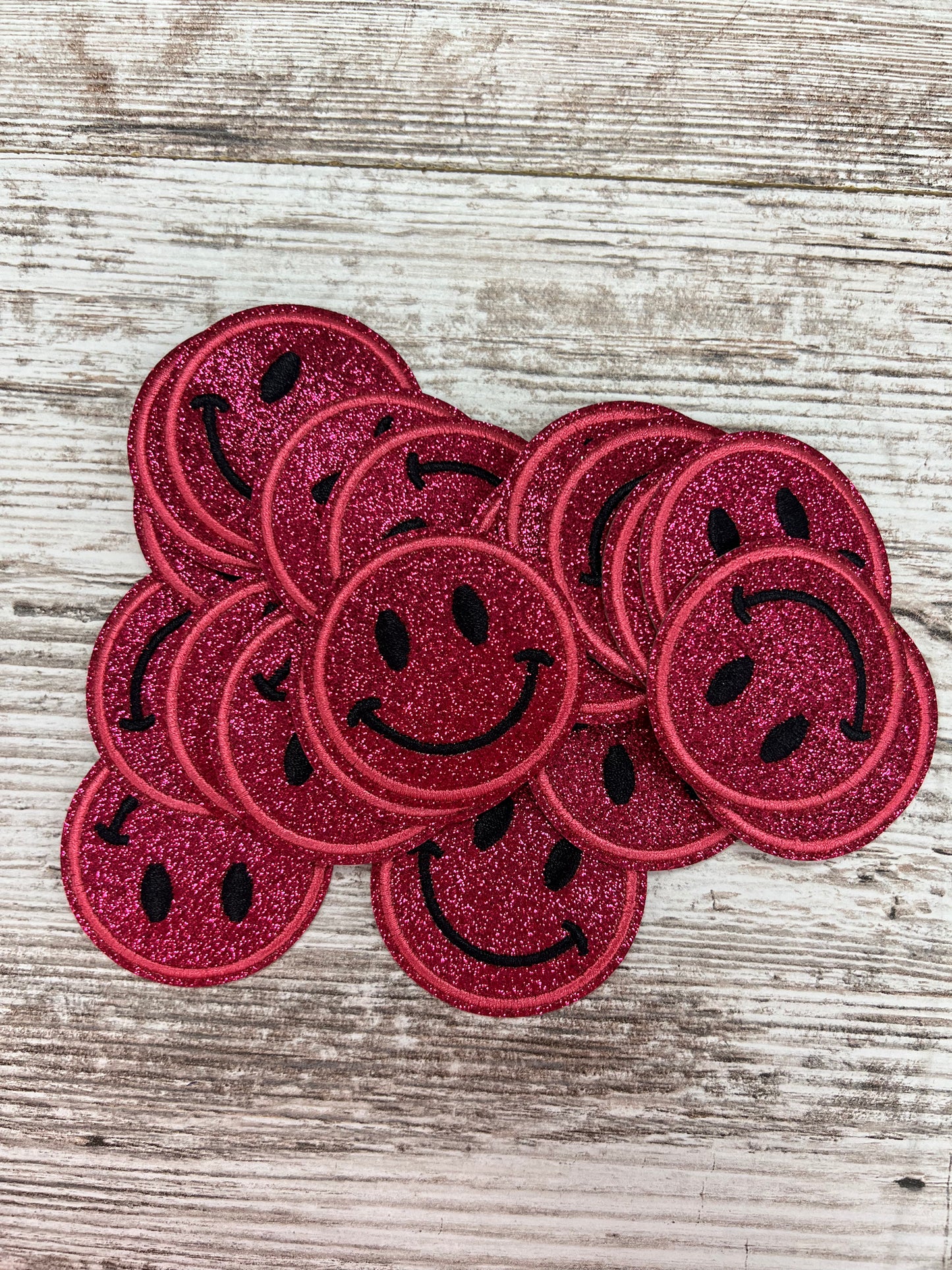 Dark Pink No Shed Glitter Happy Face  - Iron On Patch