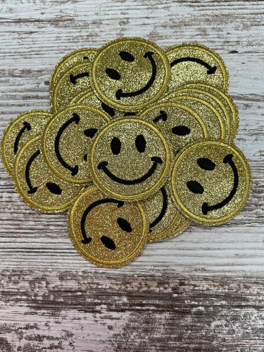 Gold No Shed Glitter Happy Face  - Iron On Patch