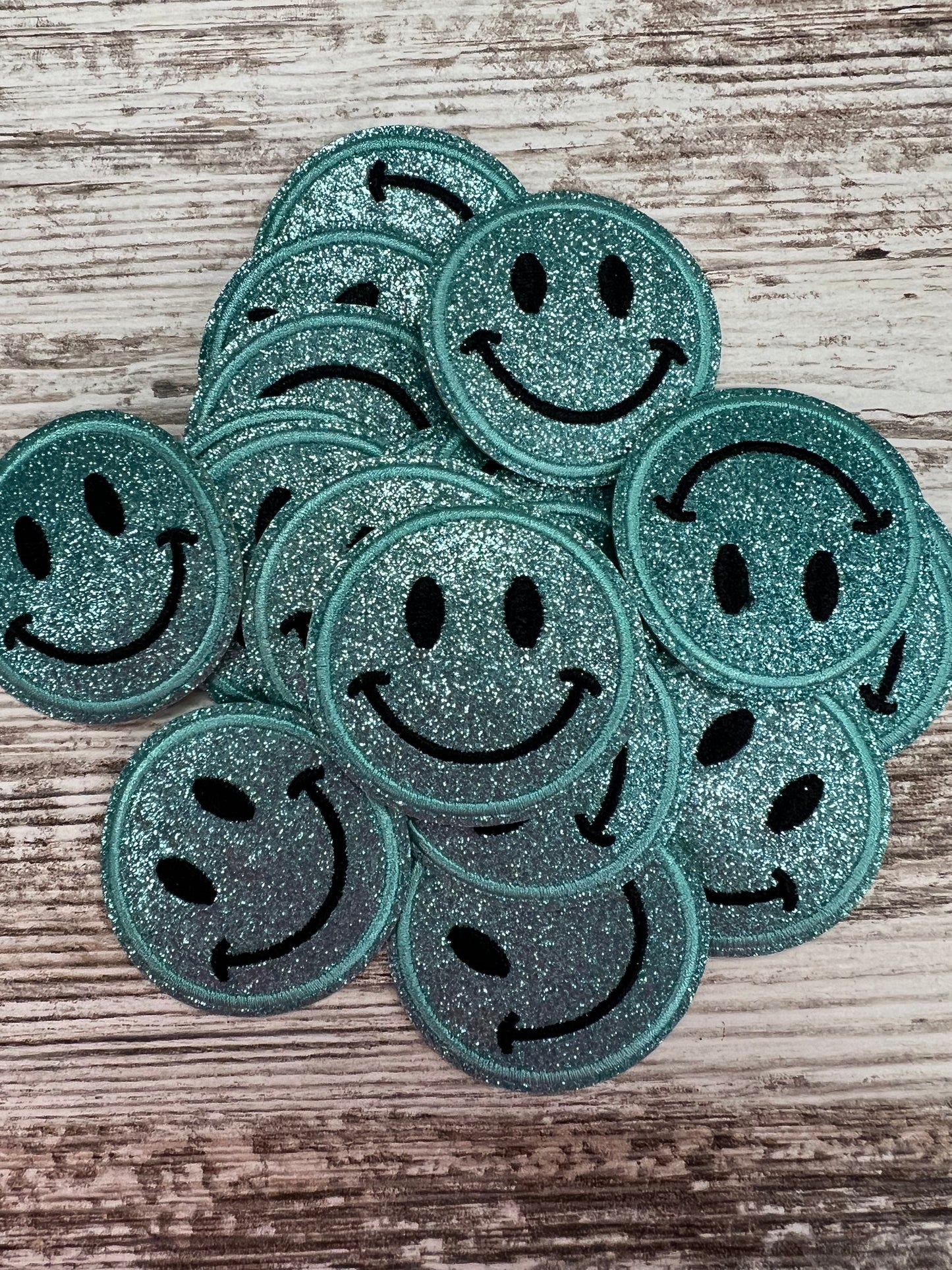 Teal No Shed Glitter Happy Face  - Iron On Patch