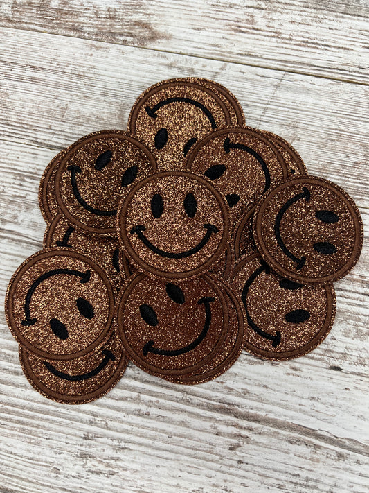 Brown/Copper No Shed Glitter Happy Face  - Iron On Patch