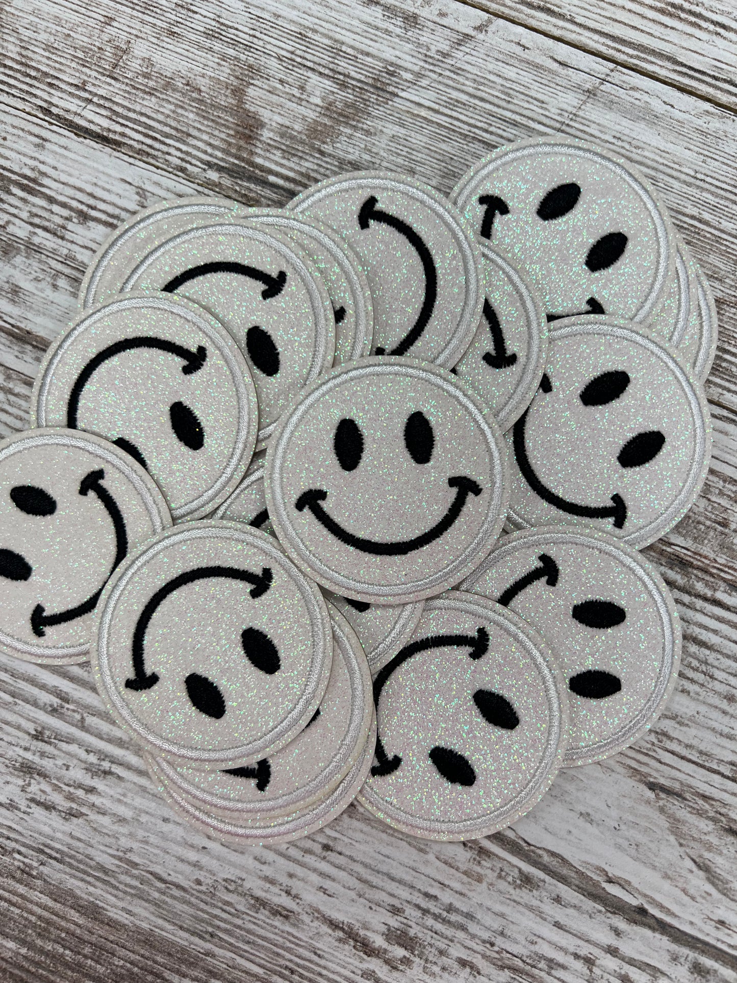 White iridescent No Shed Glitter Happy Face  - Iron On Patch