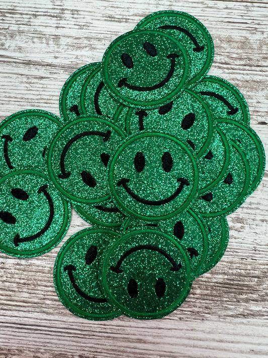 Green No Shed Glitter Happy Face  - Iron On Patch