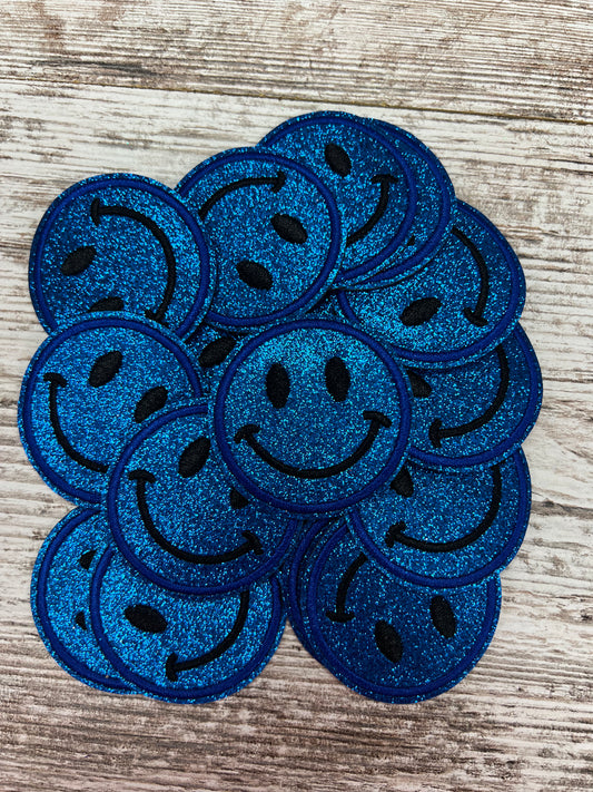 Blue No Shed Glitter Happy Face  - Iron On Patch