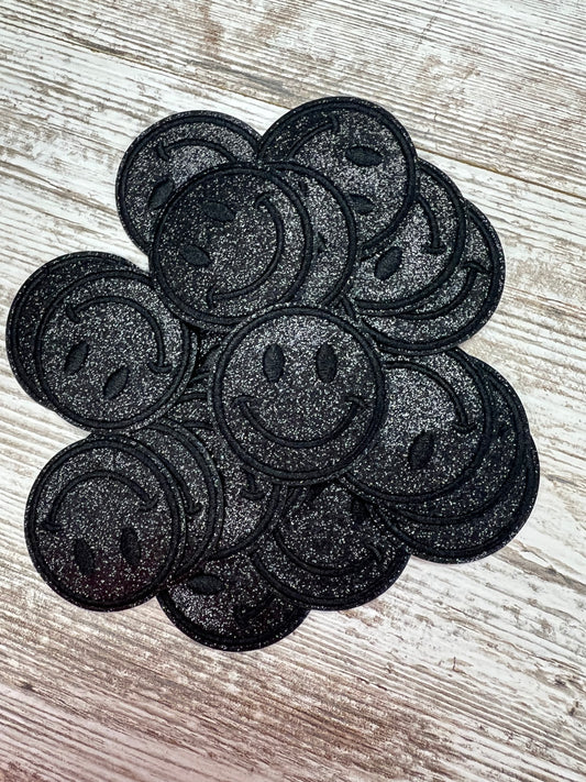 Black No Shed Glitter Happy Face  - Iron On Patch