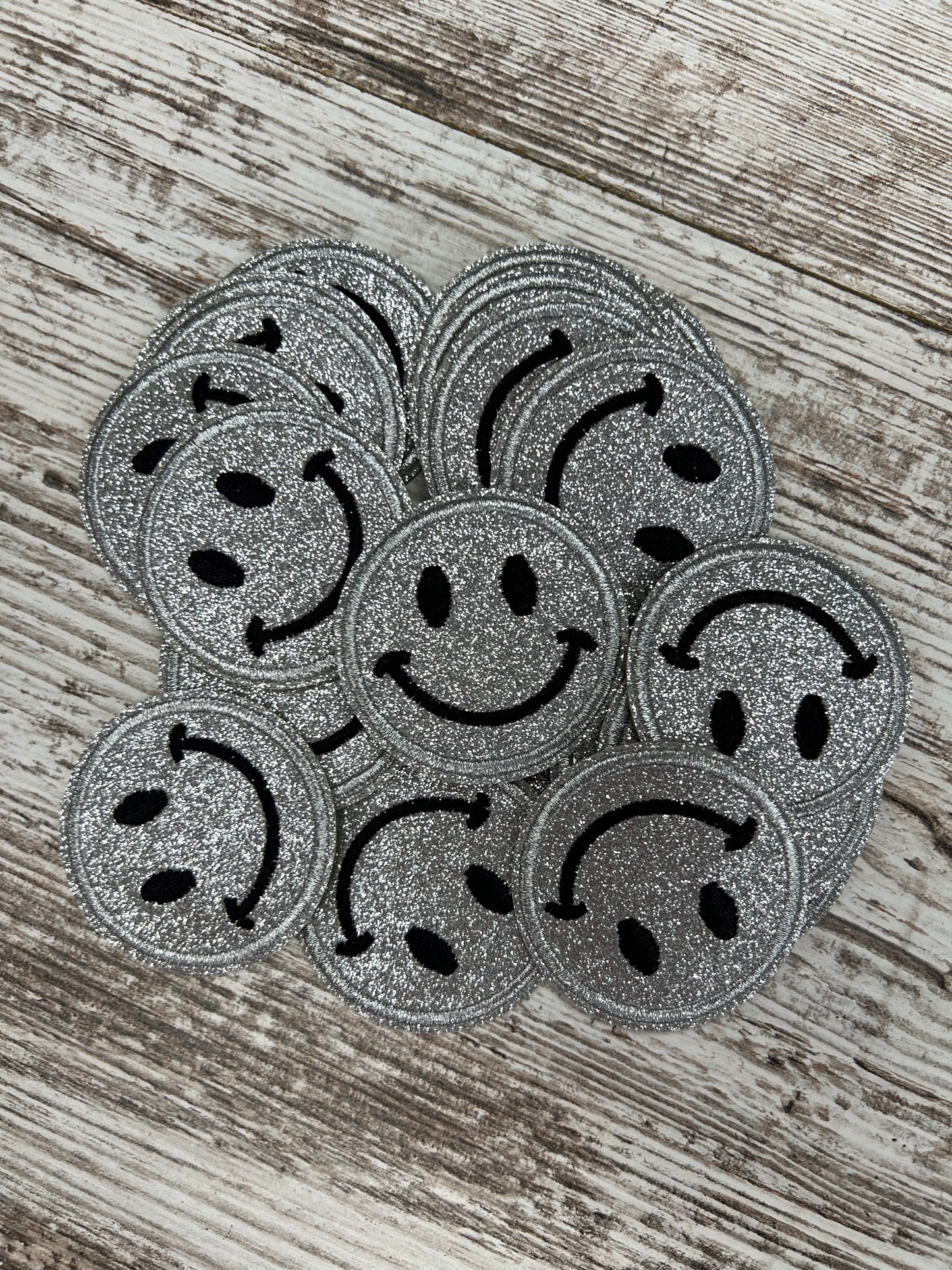 Silver No Shed Glitter Happy Face  - Iron On Patch