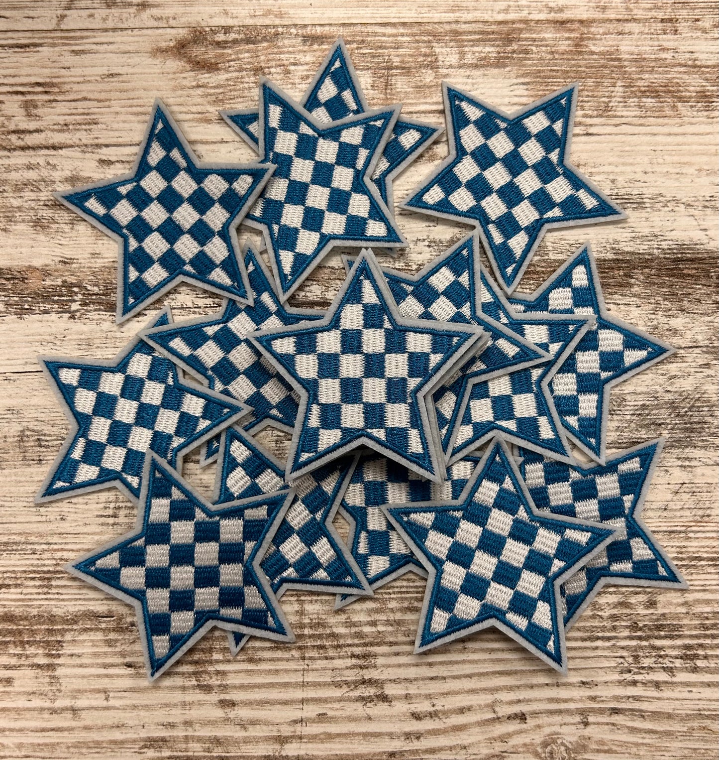 Blue & White Checker Star (Large) Iron On Patch