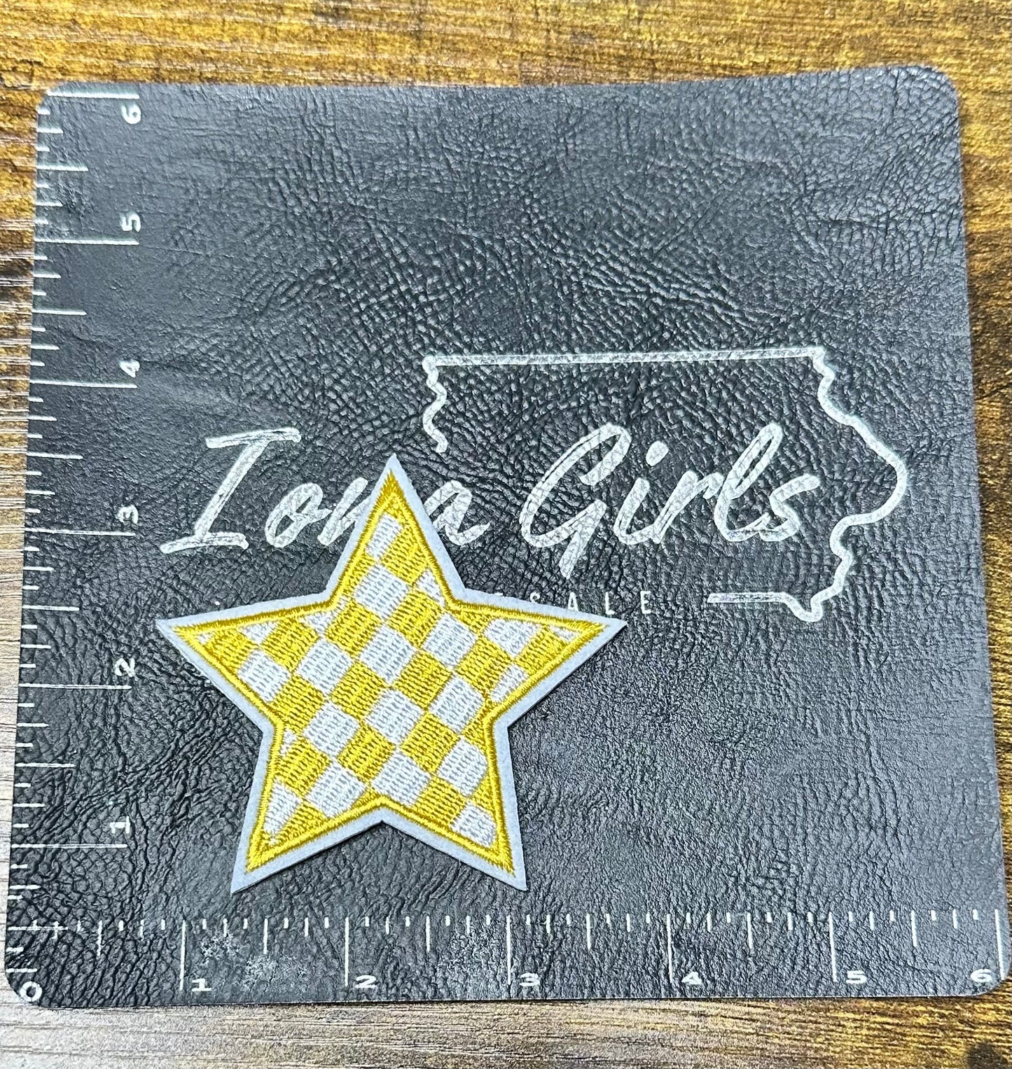 Yellow & White Checker Star (Large) Iron On Patch