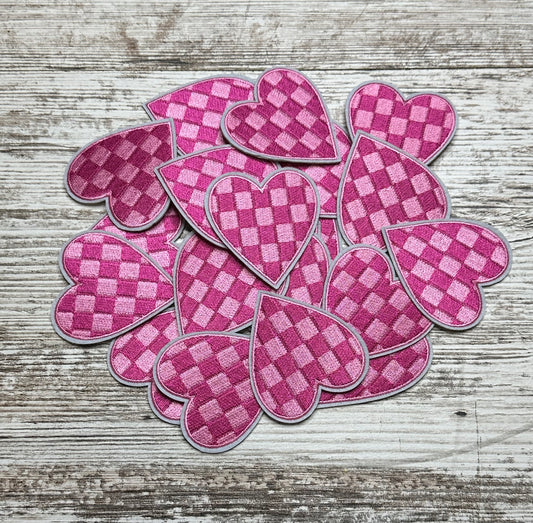 Pink Checker Heart Patch - Iron On Patch