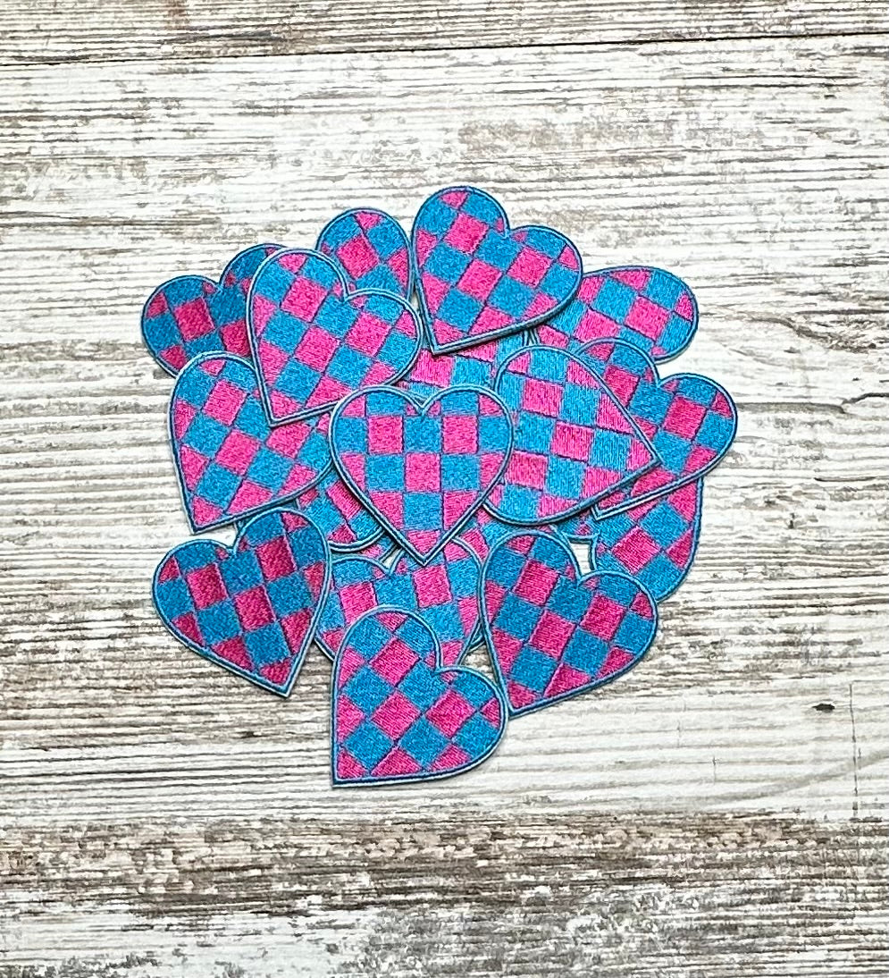 Hot Pink & Blue Checker Heart Patch - Iron On Patch