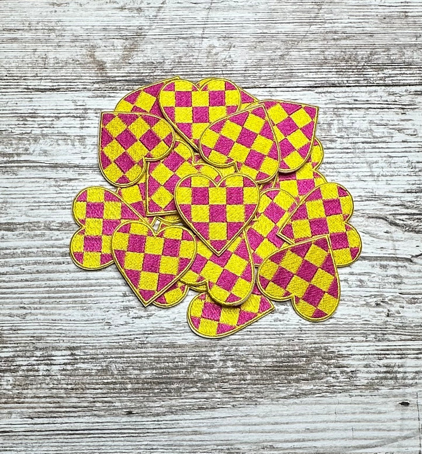 Pink & Yellow Checker Heart Patch - Iron On Patch