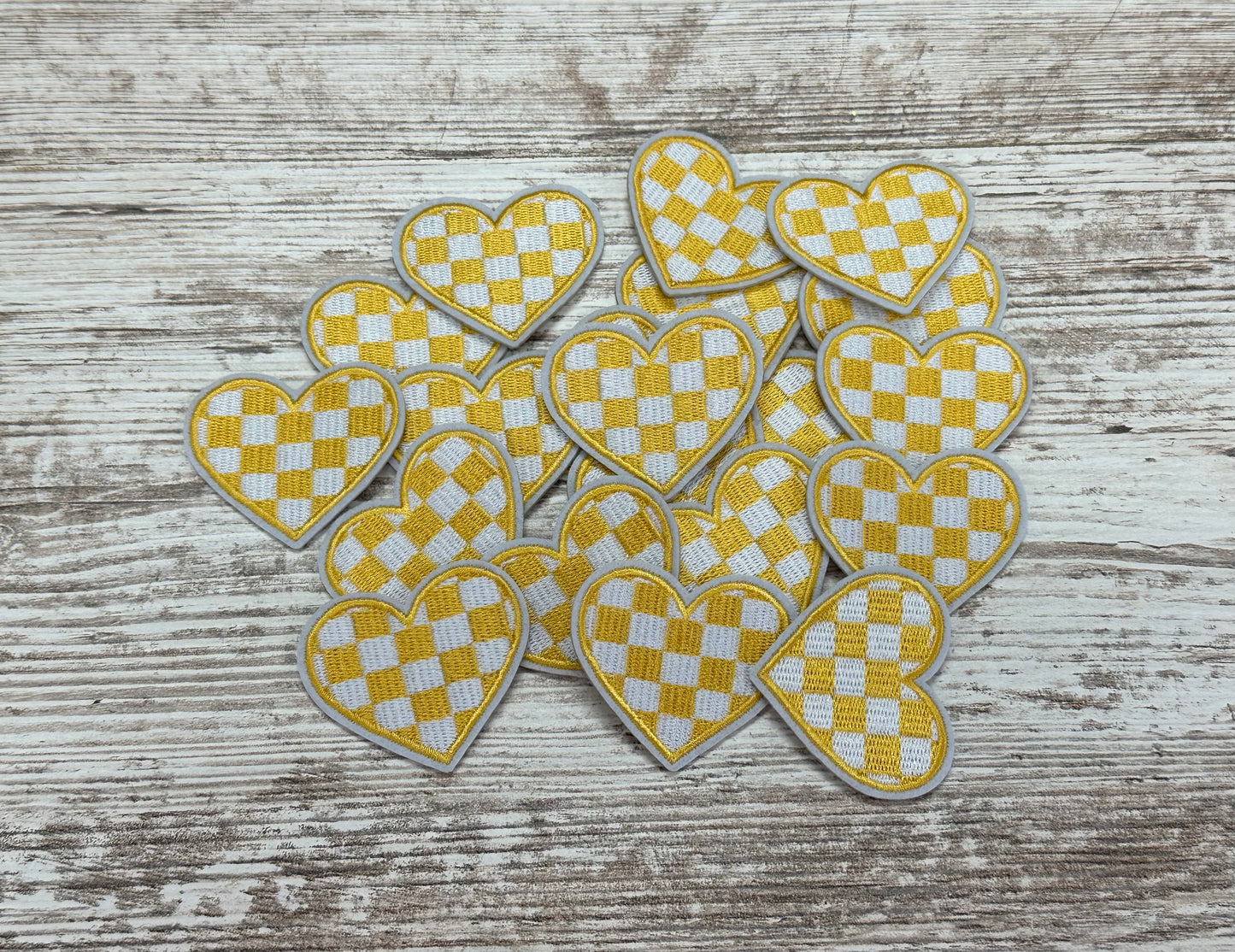 Golden Yellow & White Checker Heart Patch - Iron On Patch