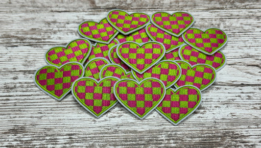 Lime Green & Pink Checker Heart Patch - Iron On Patch