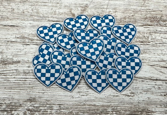 Blue & White Checker Heart Patch - Iron On Patch