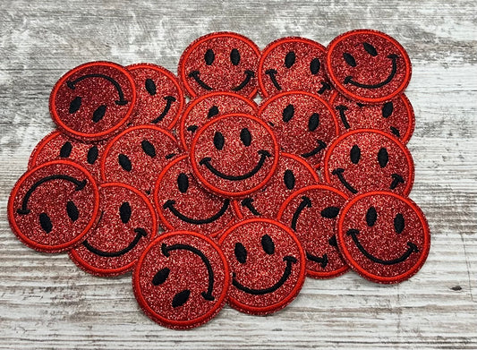 Red No Shed Glitter Happy Face  - Iron On Patch